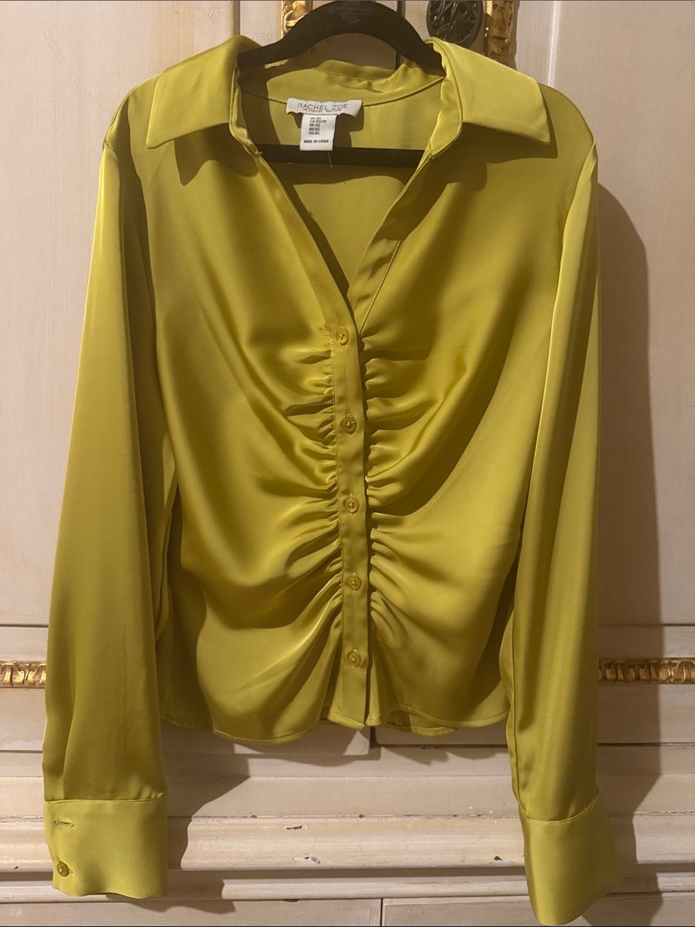 Rachel Zoe Chartreuse Ruched Satin Button-Down Blouse